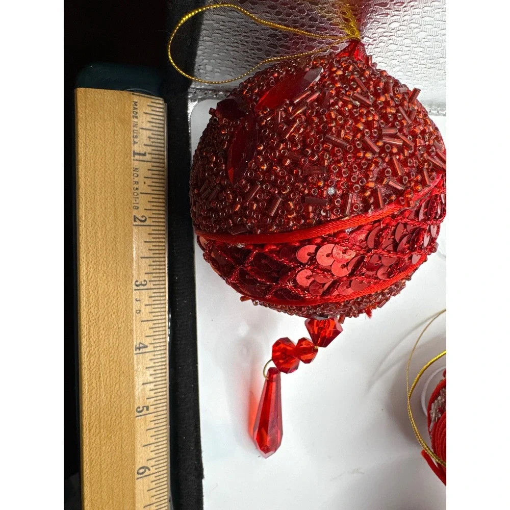 Red Beaded Christmas Ornaments Set of 3 Silver Accents Crystal Dangles
